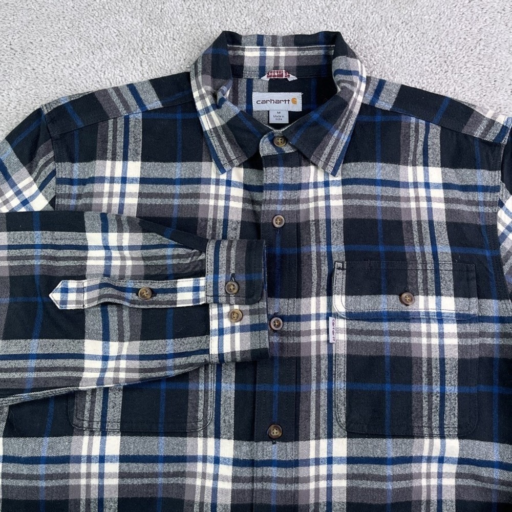 Carhartt‎ Shirt Mens Medium Black Blue Plaid Heavy Flannel Hubbard Button Up